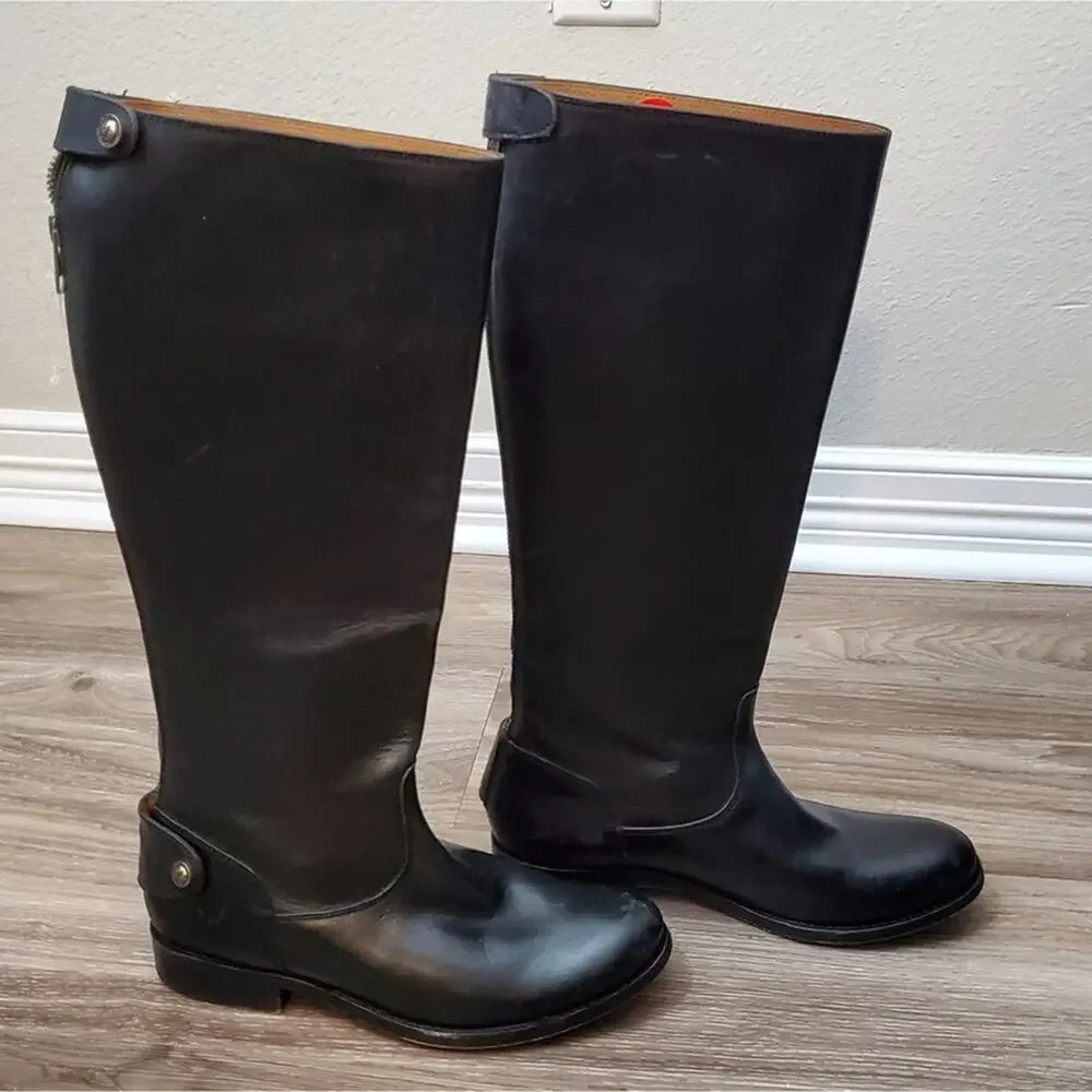 Frye Melissa snap back Black‎ distressed leather riding boots size 6